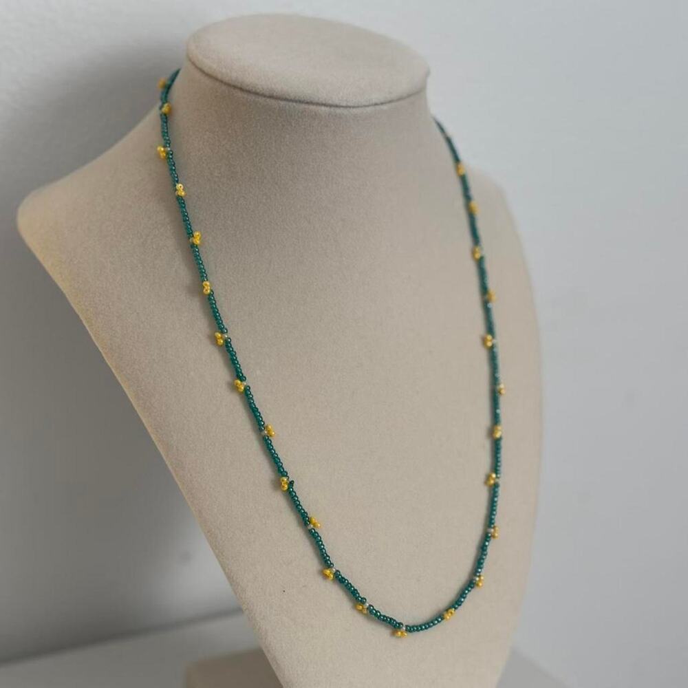 Green Yellow Beaded Necklace Handmade Colorful Jewelry Unique Artisan Gift - Picture 2 of 4